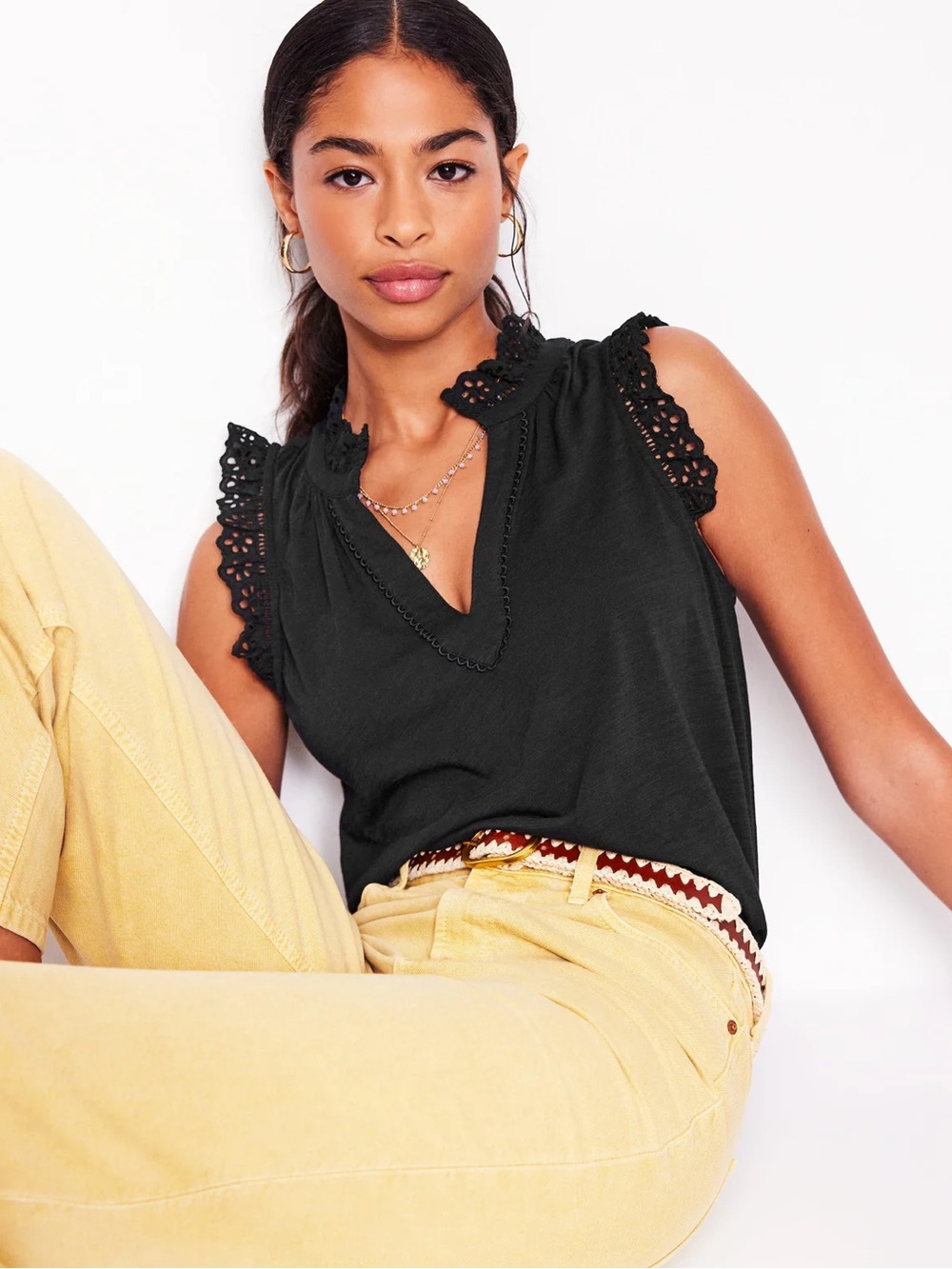 Boden Black Aria Broderie Trim Vest Tank - Picture 2 of 7